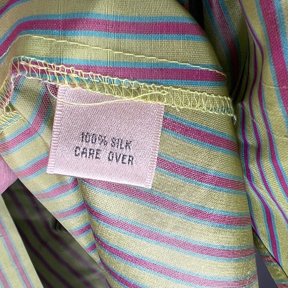 Silk Olive Pink and Teal Striped  Button Down Shirt - Picture 3 of 11